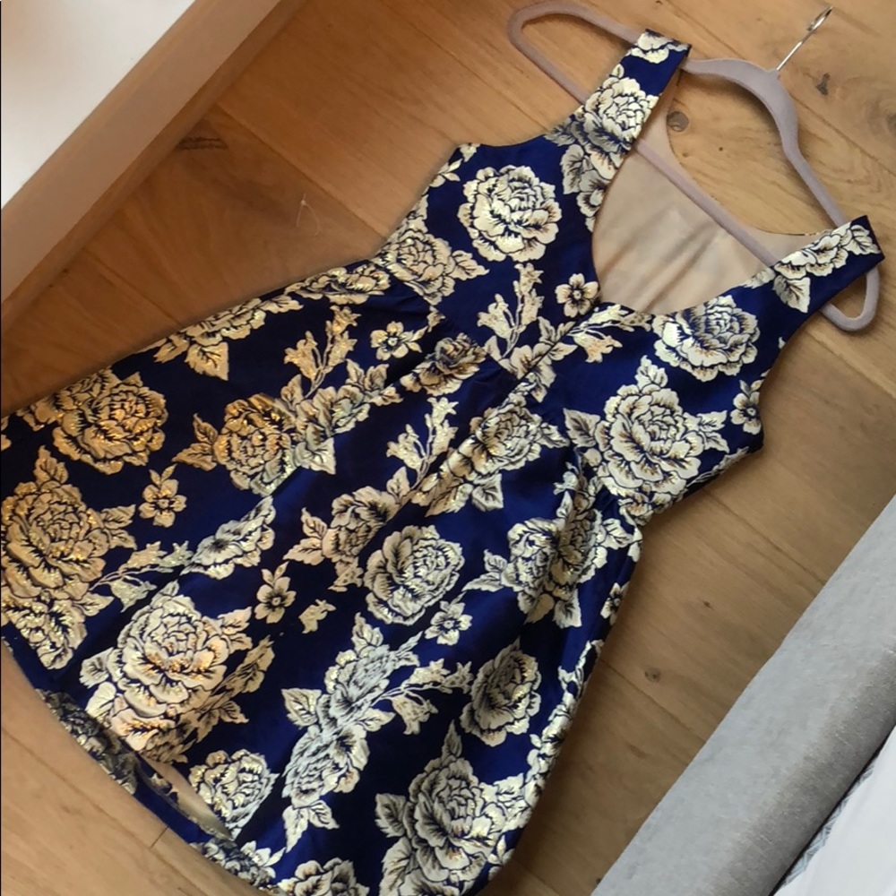 Royal Blue & Gold Floral Jacquard Cocktail Dress